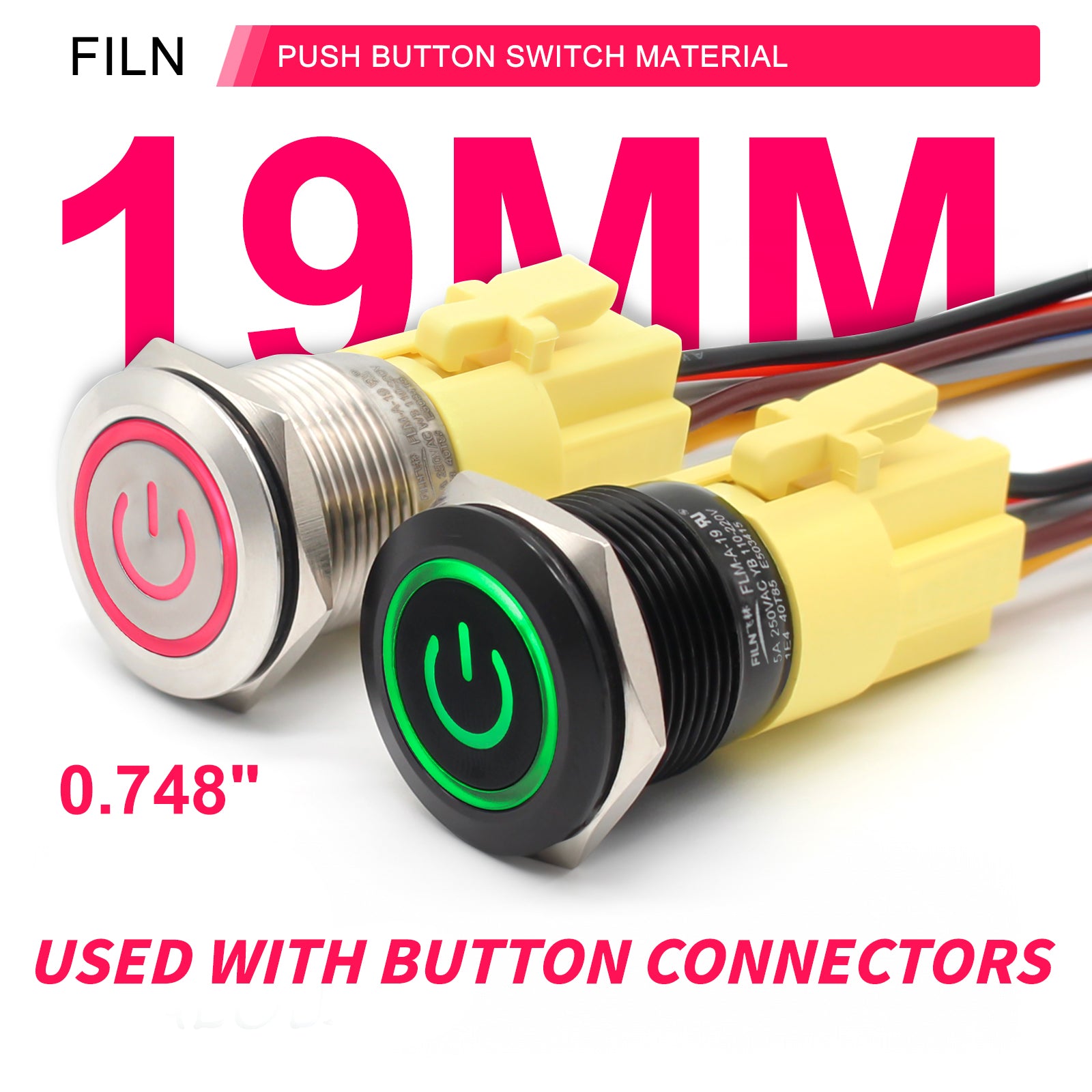 FILN 19mm UL Metal Push Button Switch 6V 12V 24V 110V 220V LED Momentary Latch Stainless Steel anti vandal waterproof  with Power symbol