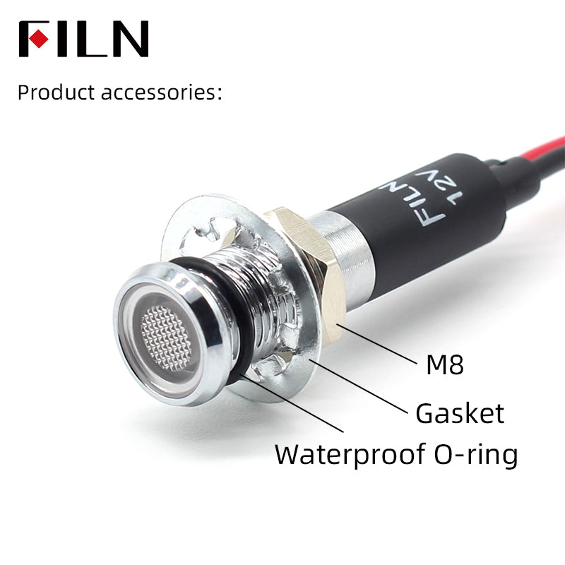 FILN 8MM (5/16'' )Metal Indicator Light 12V 24V 110V 220V  Pilot Lights  Waterproof ip67  Signal Lamp