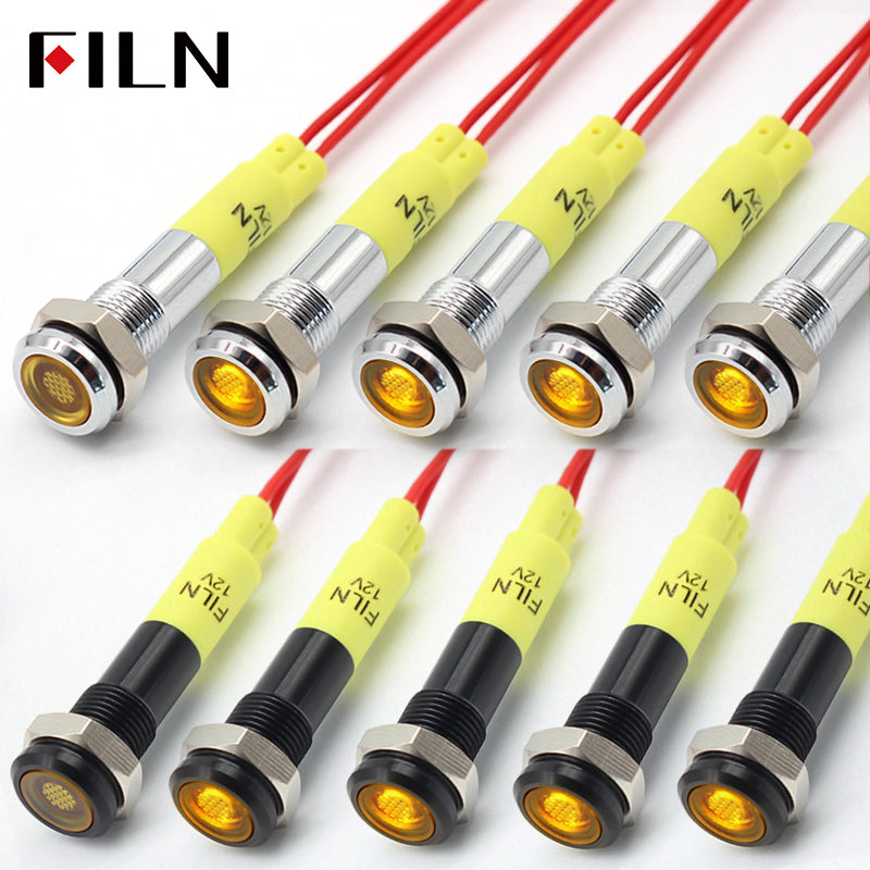 FILN 6MM(1/4‘’) 12V  24V 220V LED Indicator Light Mini Metal Waterproof IP67 Pilot Signal Lamp Red Green Yellow Blue White