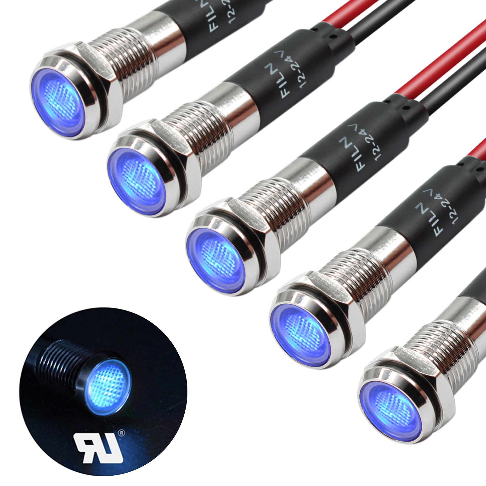 FILN 8MM (5/16'' )Metal Indicator Light 12V 24V 110V 220V  Pilot Lights  Waterproof ip67  Signal Lamp