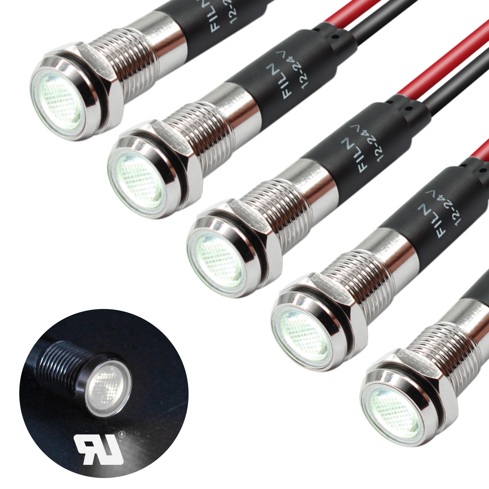 FILN 8MM (5/16'' )Metal Indicator Light 12V 24V 110V 220V  Pilot Lights  Waterproof ip67  Signal Lamp