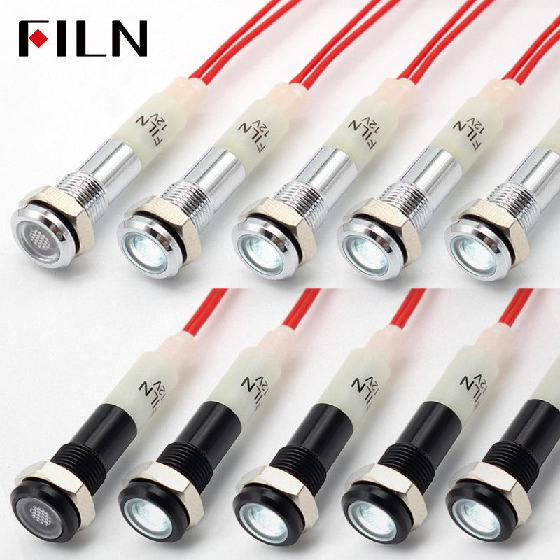 FILN 6MM(1/4‘’) 12V  24V 220V LED Indicator Light Mini Metal Waterproof IP67 Pilot Signal Lamp Red Green Yellow Blue White