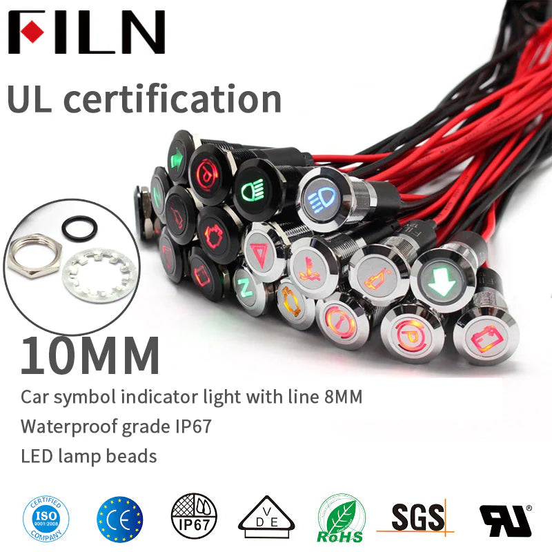 FILN 12V LED Car Boat LED Warning Dashboard Signal Lights Instrument Pilot Lamp 220V 10mm