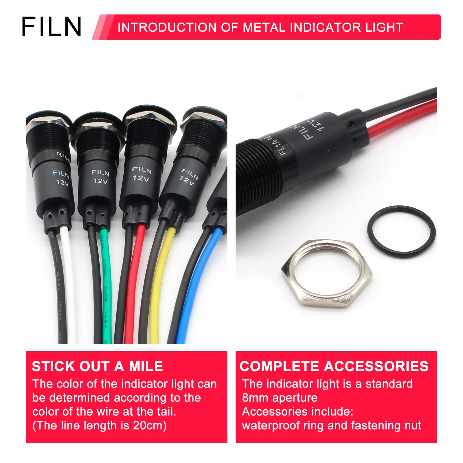 FILN LED Indicator  12MM  Metal Indicator Dash   with Wire Suitable for Car Dashboard Marine Truck Machinery Industrial Electrical Equnipment(2Pcs)