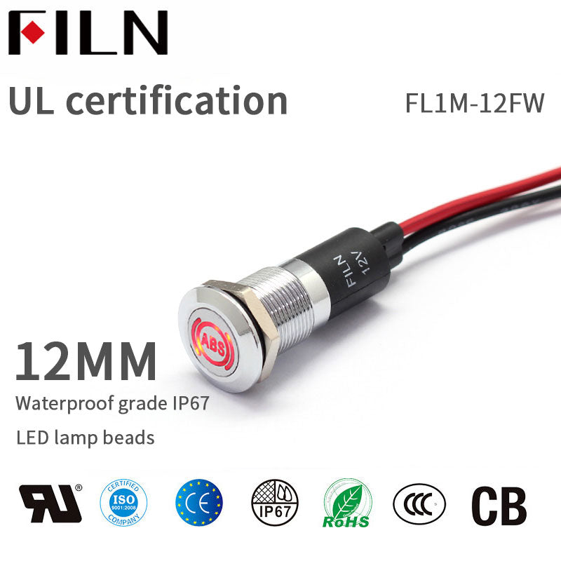 FILN FL1M 12mm 12V LED Metal Indicator Dashboard Light with Symbol ABS light Signal symbol indicator light