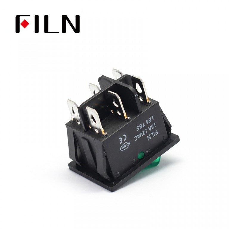 FILN KCD4 15A 24V Green LED Latching 4 Prong Rocker Switch Bottom