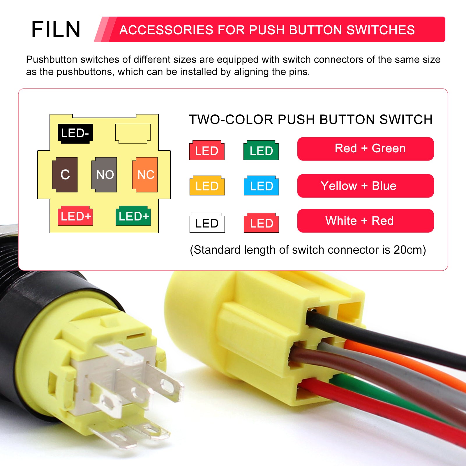 FILN Twin Metal Symbol Push Button Switches with 12V LED Light, Momentary/Latching Option, and 185 Symbol Options Available