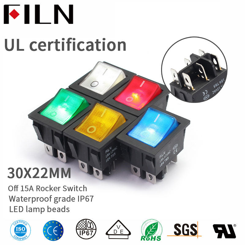 FILN KCD4 15A 24V Green LED Latching 4 Prong Rocker Switch