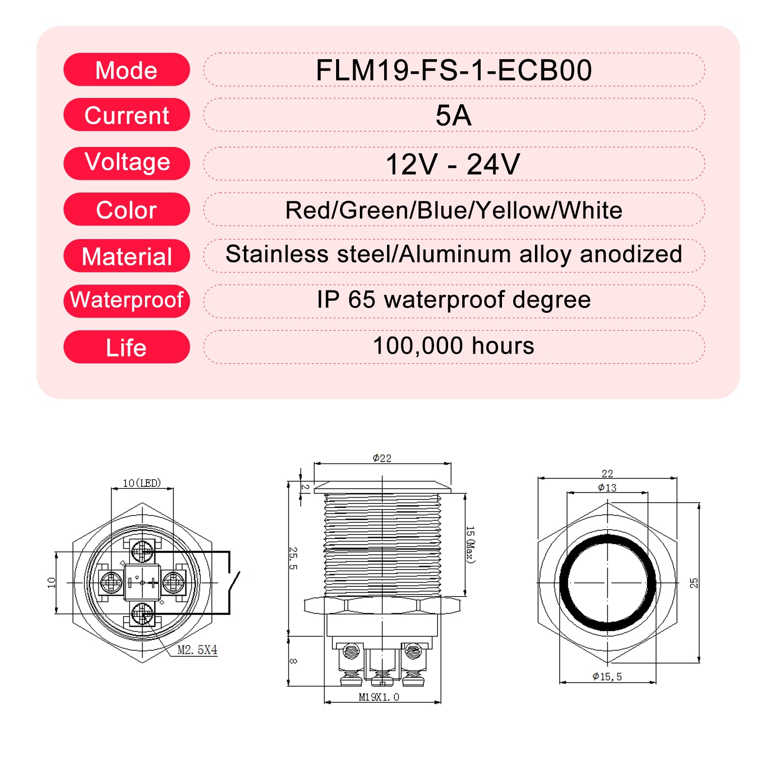 FILN Push Button Switch 19MM Waterproof 12V 5A Ring Screw Pins LED Momentary Normally Open Latching type Normally Closed Push Button ON OFF Car Marine Switches