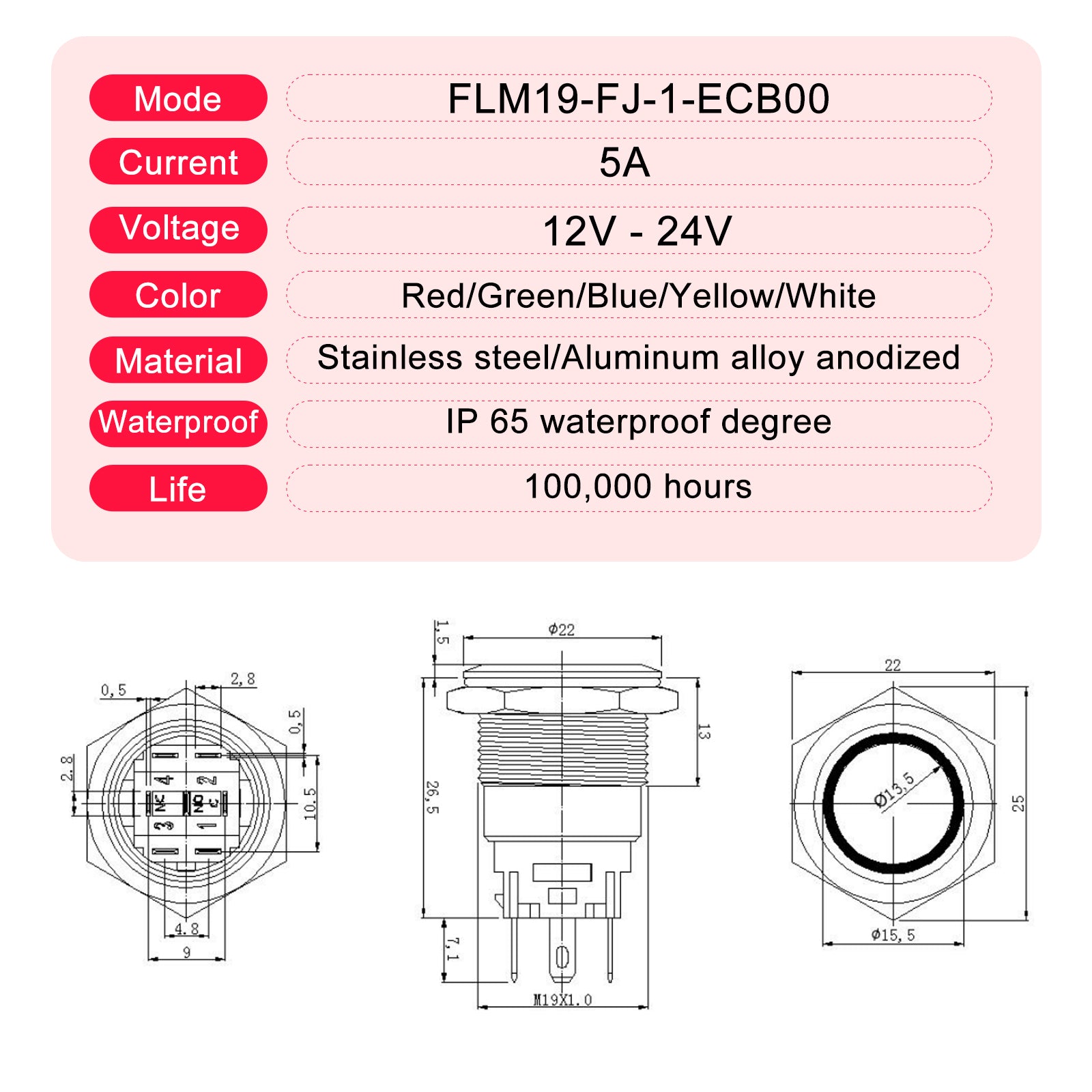 FILN Twin Metal Symbol Push Button Switches with 12V LED Light, Momentary/Latching Option, and 185 Symbol Options Available