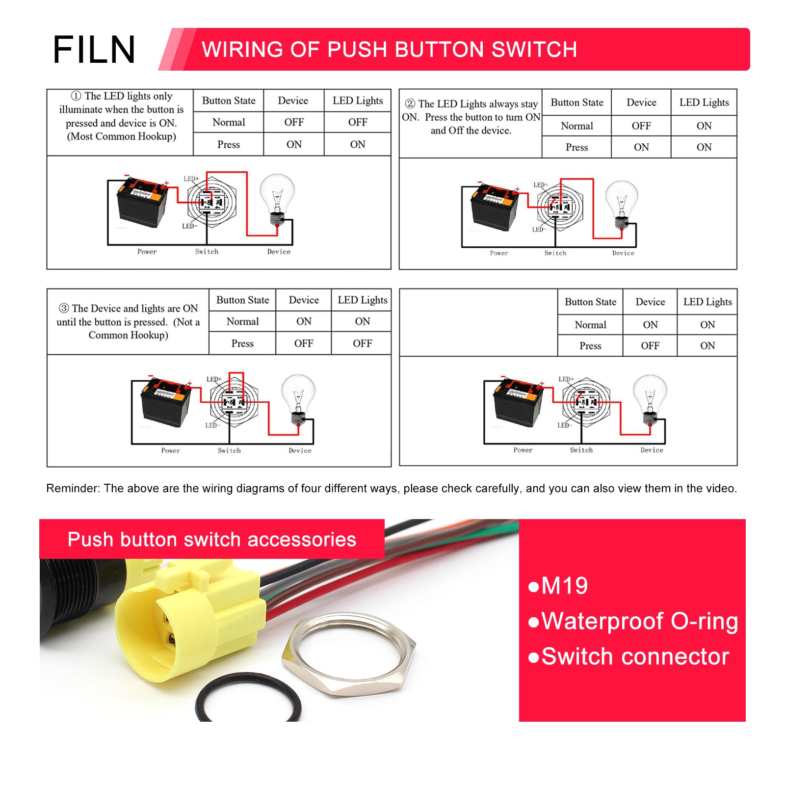 FILN Twin Metal Symbol Push Button Switches with 12V LED Light, Momentary/Latching Option, and 185 Symbol Options Available