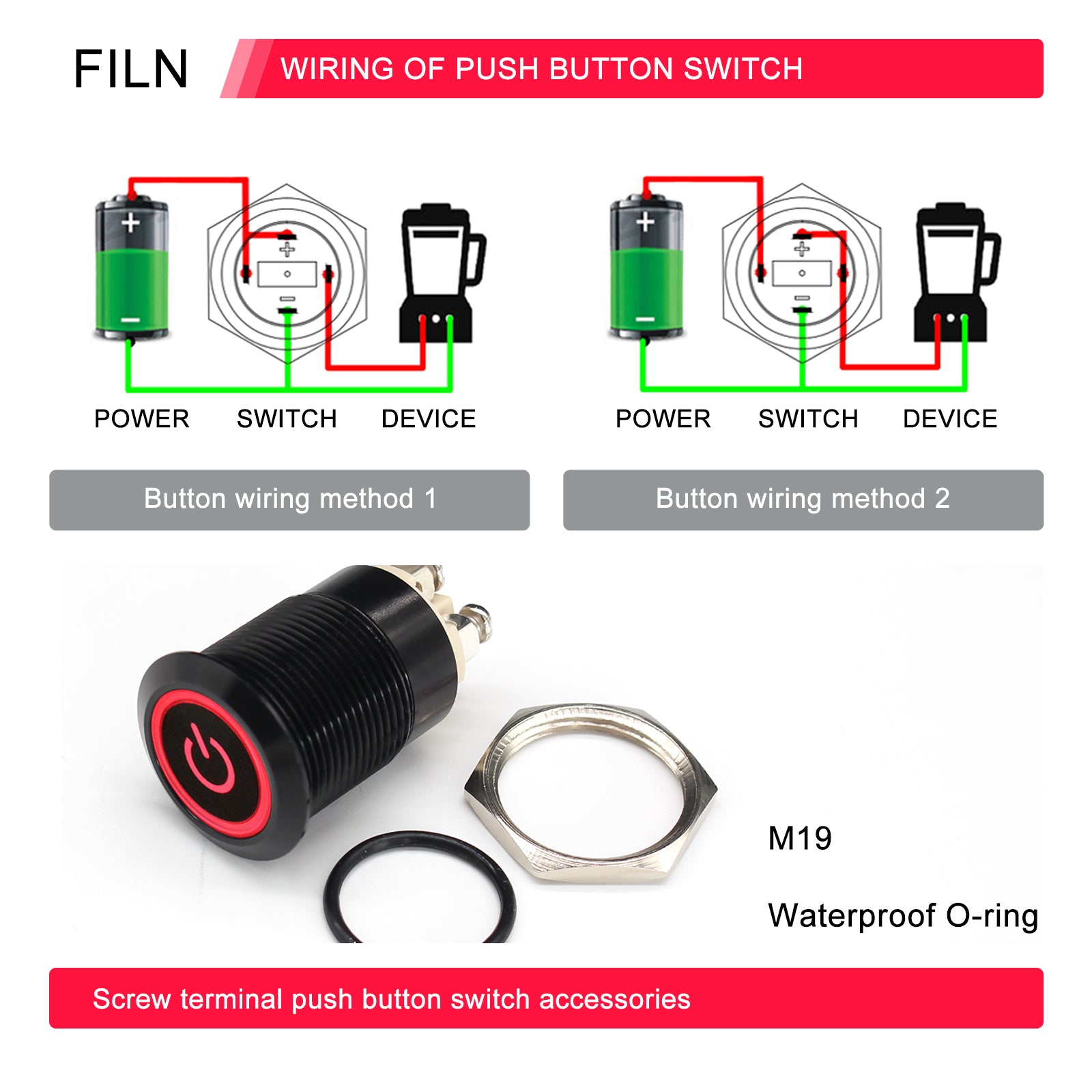 FILN Push Button Switch 19MM Waterproof 12V 5A Ring Screw Pins LED Momentary Normally Open Latching type Normally Closed Push Button ON OFF Car Marine Switches