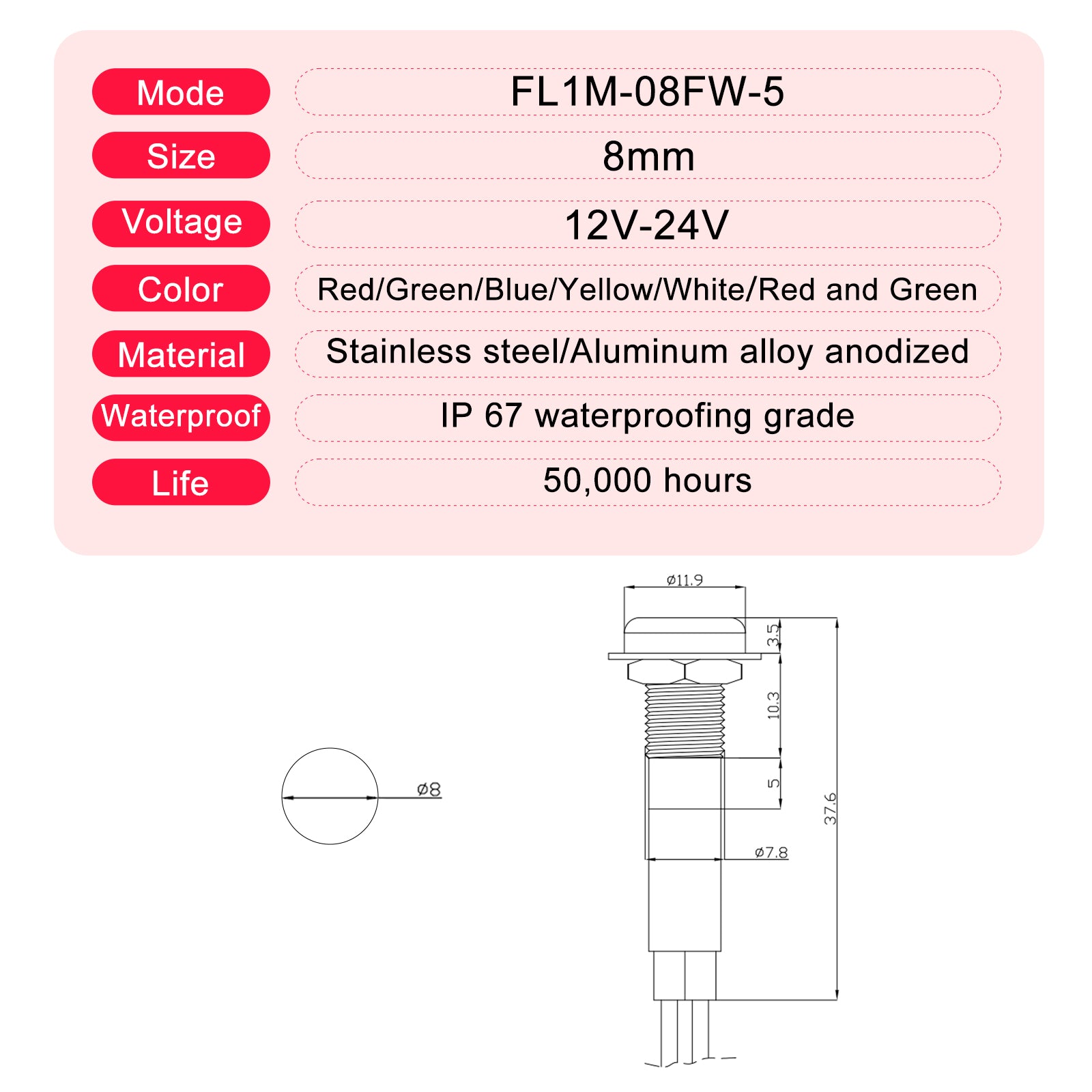 FILN Indicator Light LED Pilot Dash Lights Metal Black Signal Lamp for Car 12V 8MM 5/16'' Waterproof ip67 Red Green Yellow Bule White with Symbols(2Pcs)