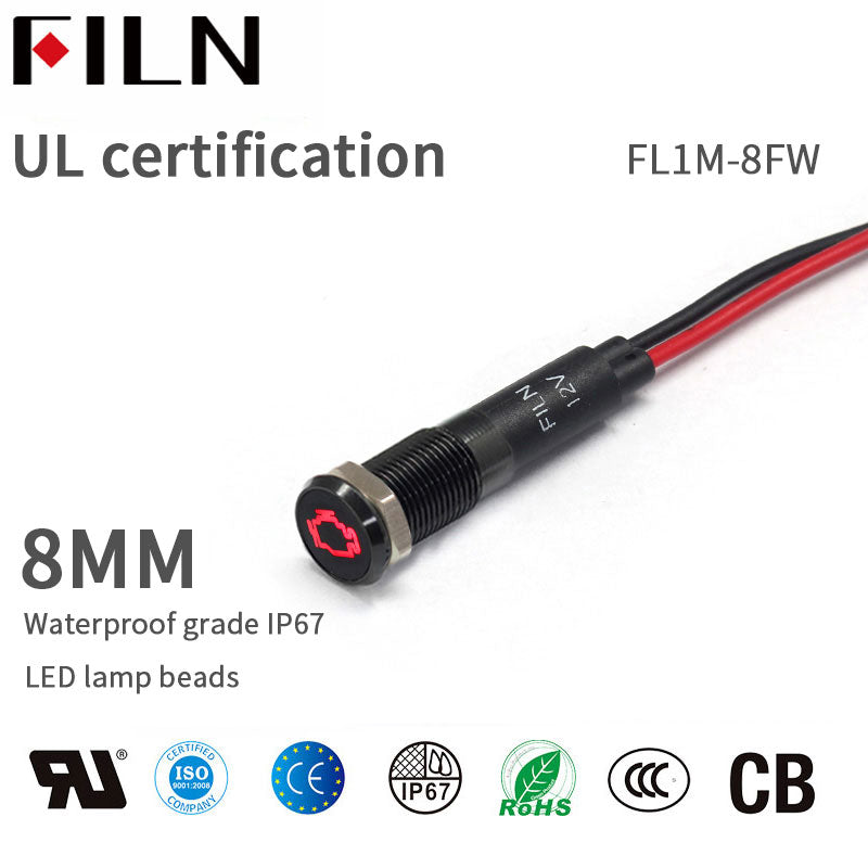 FILN Black Bezel FL1M 8mm 12V LED Metal Indicator Dashboard Light with Symbol Engine failure Signal symbol indicator