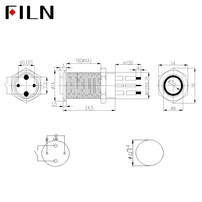 12mm High head Momentary Latching led stainless steel Push Button Switch with wire