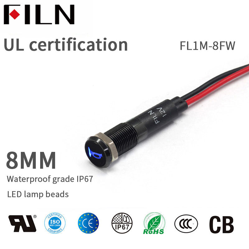 FILN Black Bezel FL1M 8mm 12V LED Metal Indicator Dashboard Light with Symbol Horn warning Signal symbol indicator