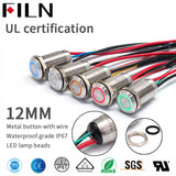 FILN 12mm Waterproof IP67 Light Push Button Switch With Wire Momentary Latching LED