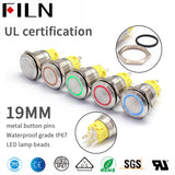 FILN UL 19mm Ring light Push Button Switch ON OFF Stainless Steel anti vandal Momentary Reset Latching push button switch